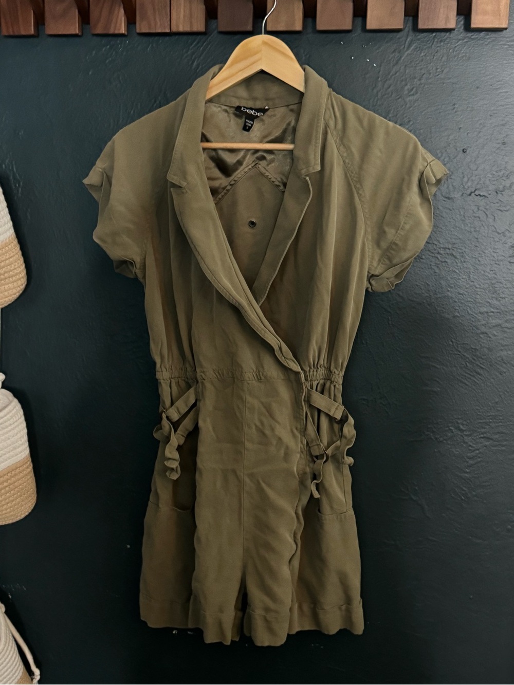 bebe Olive Green Wrap-Front Military Romper